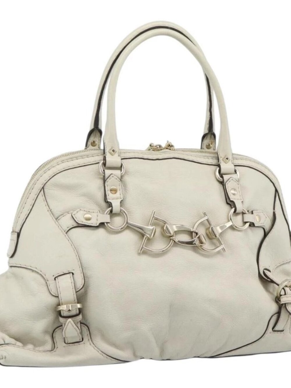 GUCCI Horsebit Boston Bag Leather Gold Ivory 189890 Auth